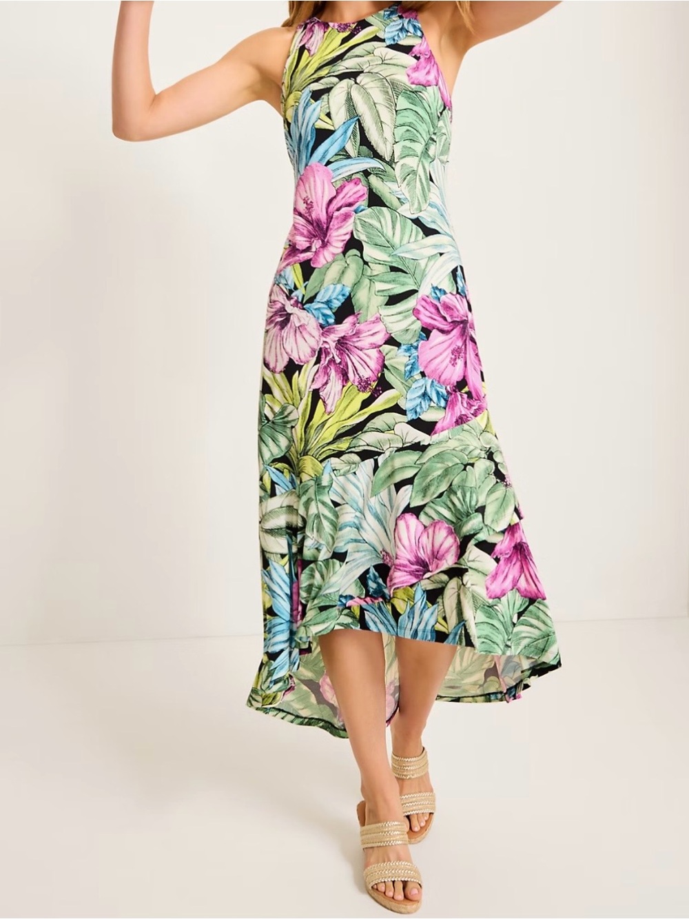 Tommy Bahama Black Halter High-Low Dress with Pink & Green Floral Print